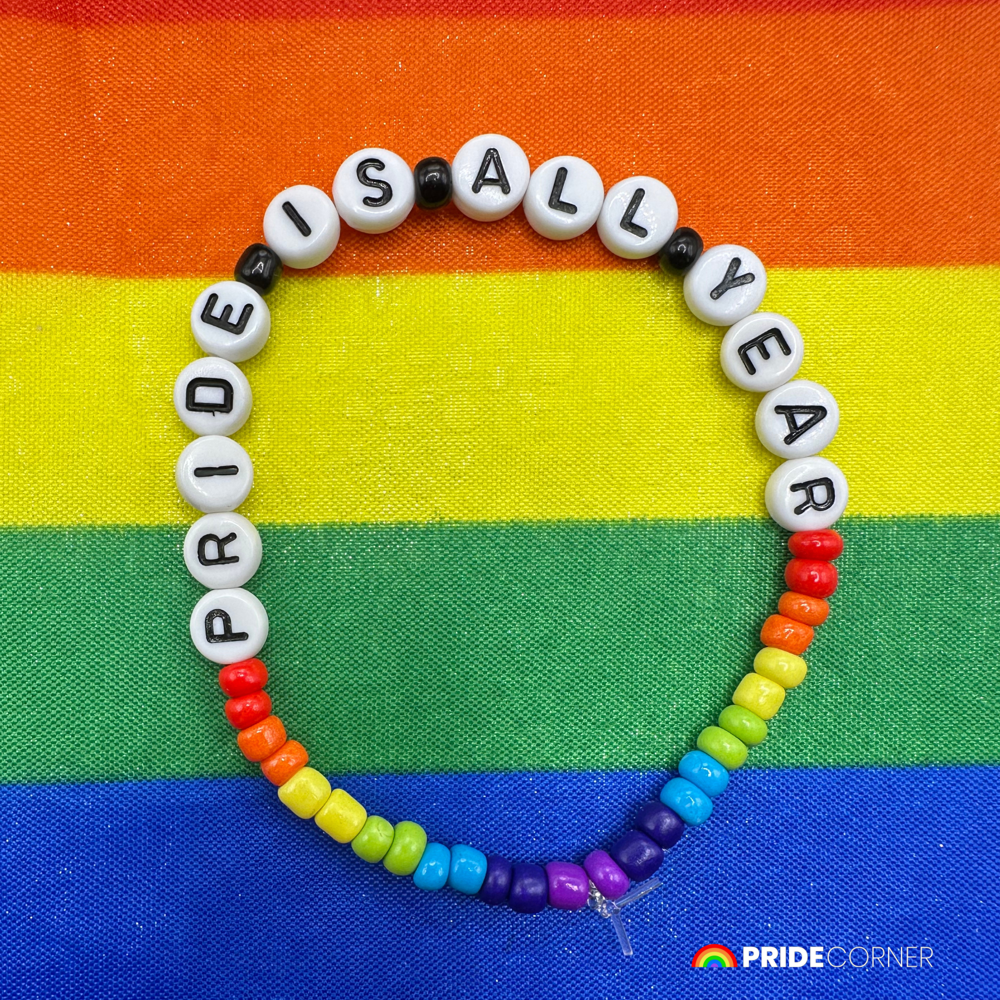 “Pride Is All Year” Beaded Rainbow Bracelet | LGBTQIA+ Inclusive Pride Jewellery